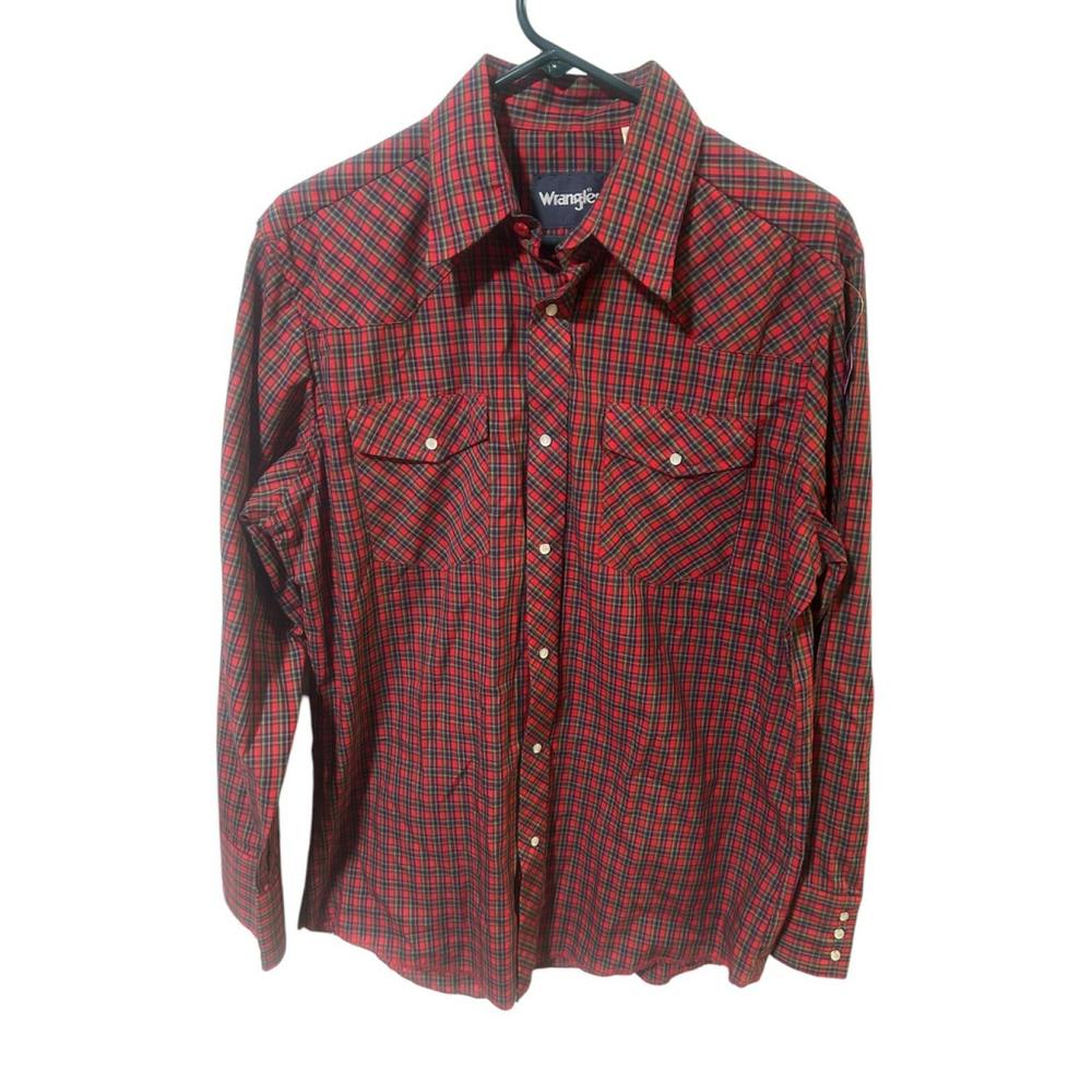 Vintage Wrangler Pearl Snap Long Sleeve Western Shirt Red/Green‎ Plaid Large